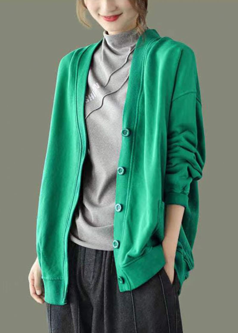 Groene Knoopzakken Patchwork Warme Fleece Sweatshirt Jas Met V-hals Lange Mouw - Dames winterjassen