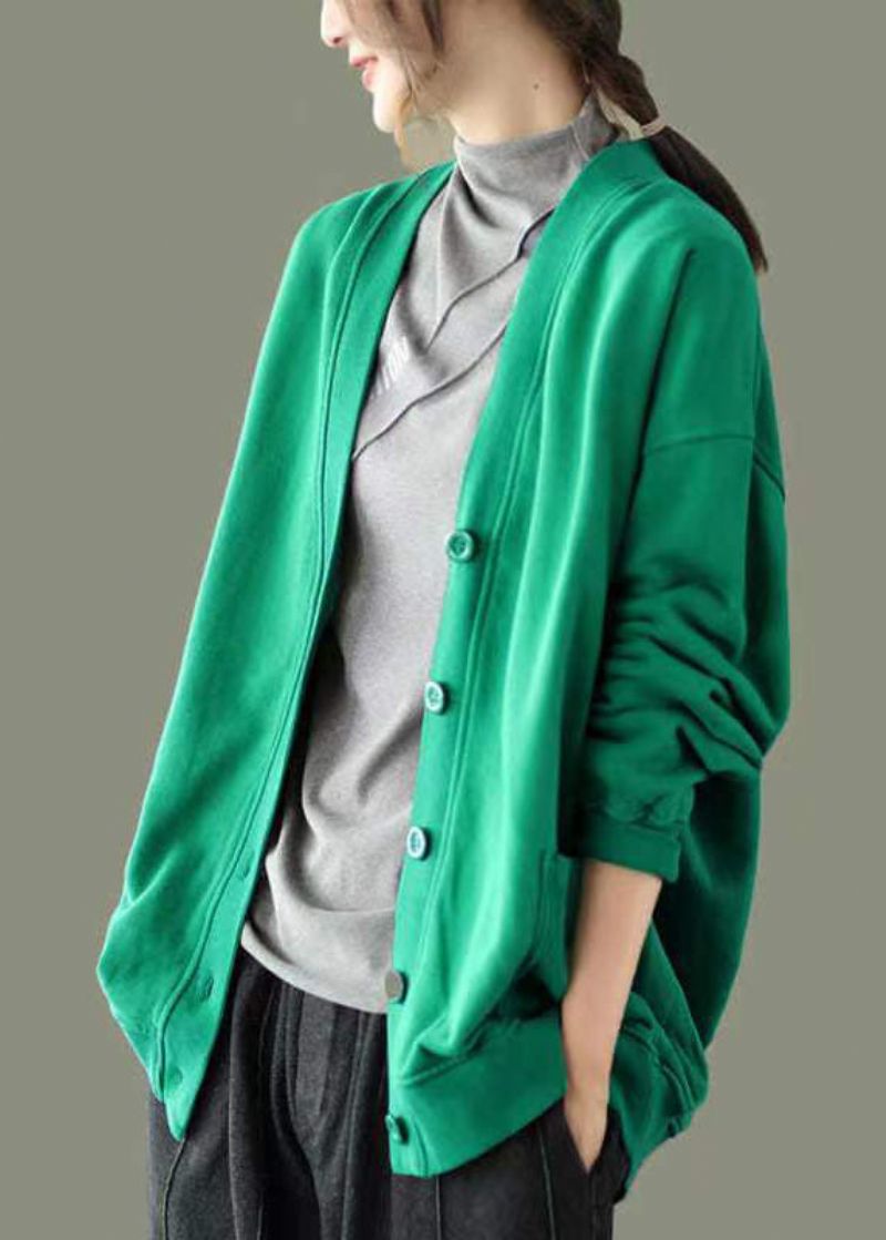 Groene Knoopzakken Patchwork Warme Fleece Sweatshirt Jas Met V-hals Lange Mouw - Dames winterjassen