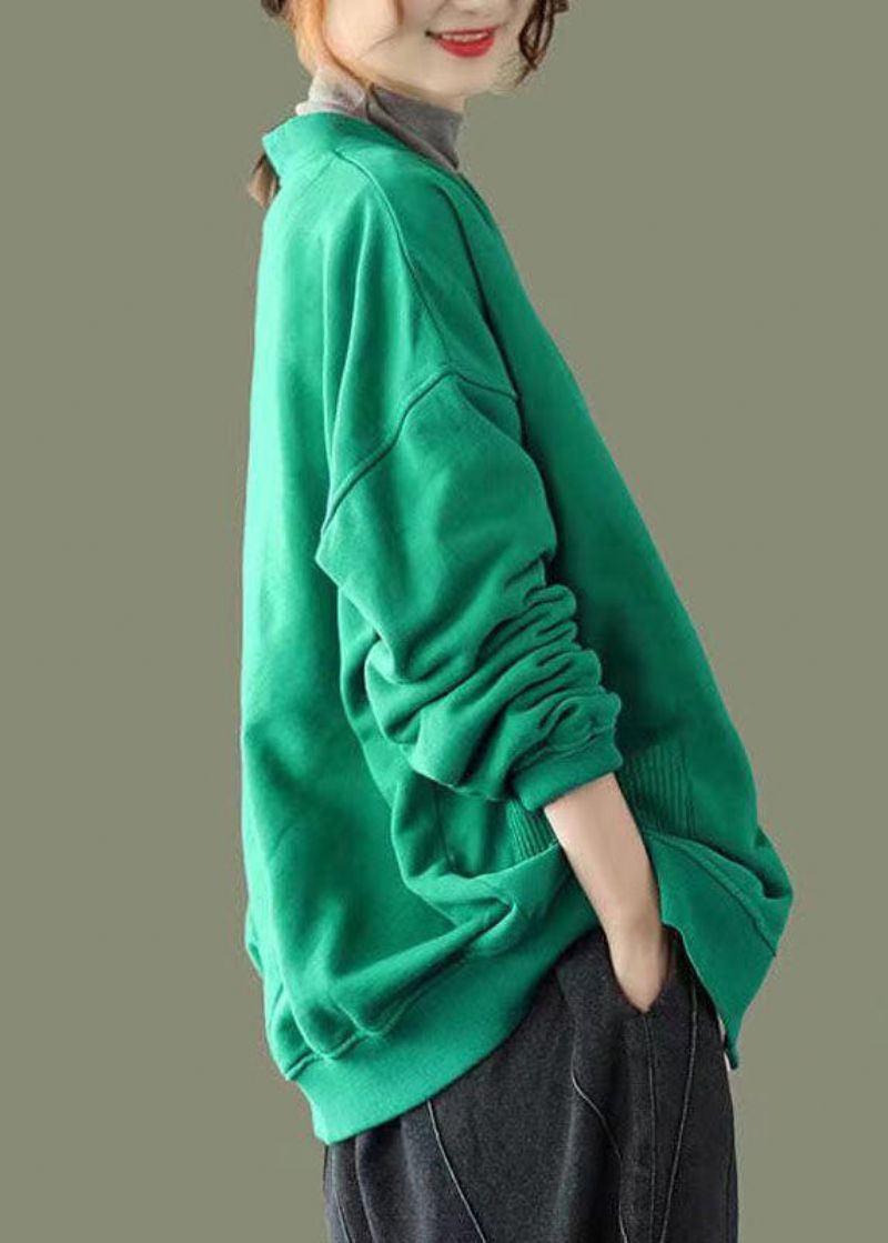 Groene Knoopzakken Patchwork Warme Fleece Sweatshirt Jas Met V-hals Lange Mouw - Dames winterjassen