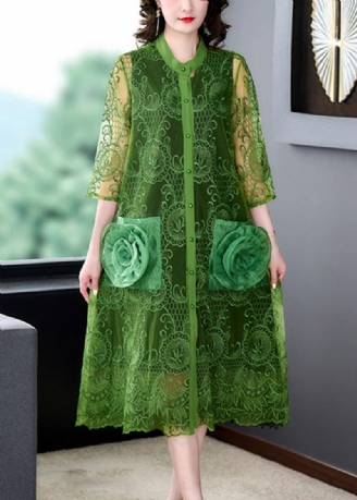 Groene O-hals Kanten Patchwork Knopen Tule Maxi-jassen Zomer