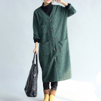 Groene Vintage Dames Lange Parka Jas Plus Maat V-hals Wollen Geul Vesten