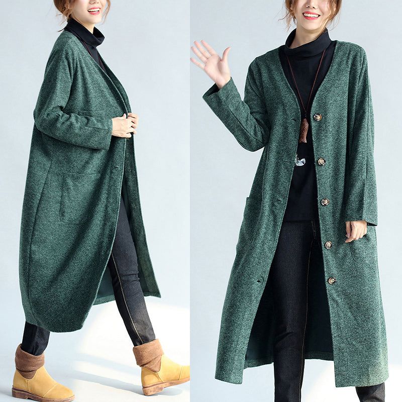 Groene Vintage Dames Lange Parka Jas Plus Maat V-hals Wollen Geul Vesten - Dames winterjassen