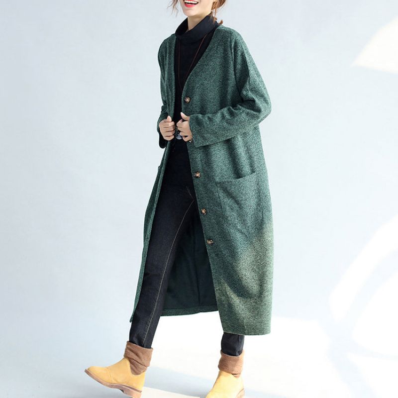 Groene Vintage Dames Lange Parka Jas Plus Maat V-hals Wollen Geul Vesten - Dames winterjassen