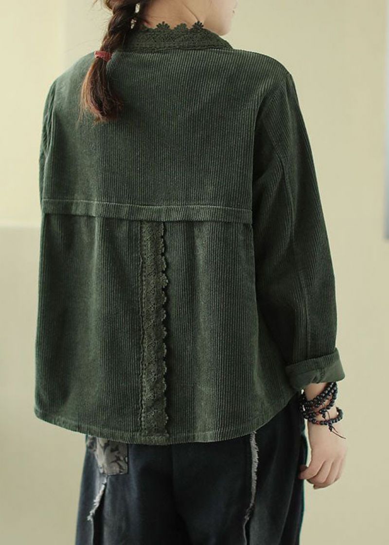 Groene Zakken Patchwork Kant Corduroy Jassen Lange Mouw - Dames winterjassen