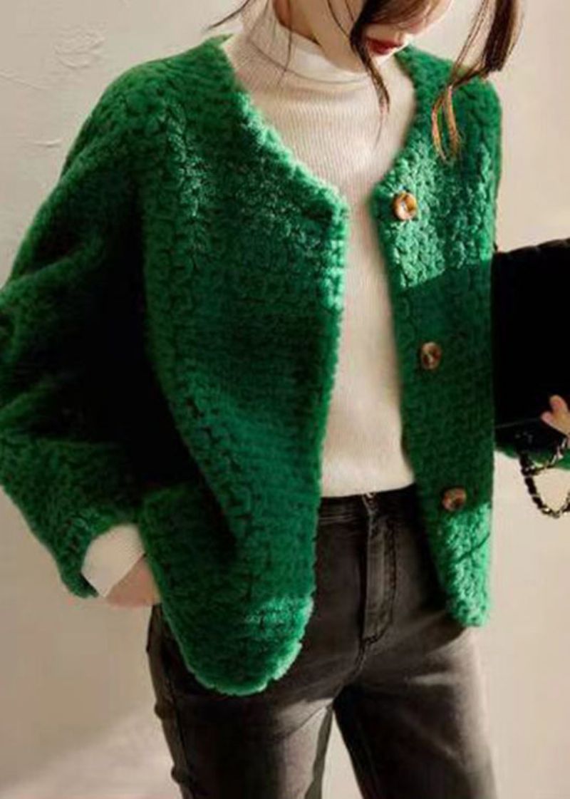 Groene Zakken Patchwork Wollen Jassen O-hals Knop Winter - Dames winterjassen