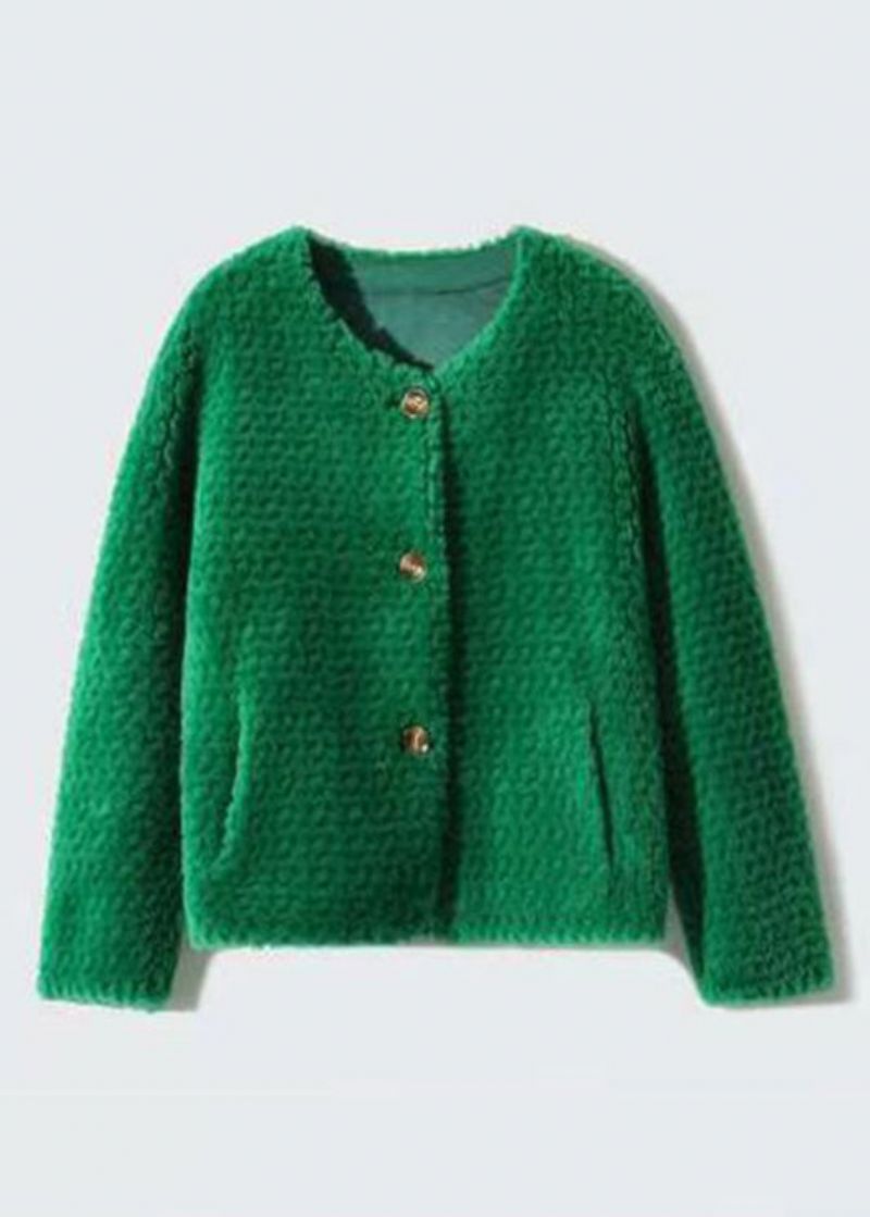 Groene Zakken Patchwork Wollen Jassen O-hals Knop Winter - Dames winterjassen