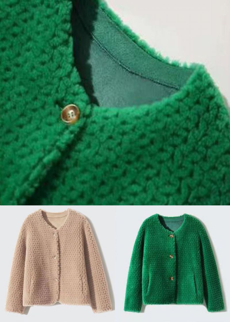 Groene Zakken Patchwork Wollen Jassen O-hals Knop Winter - Dames winterjassen