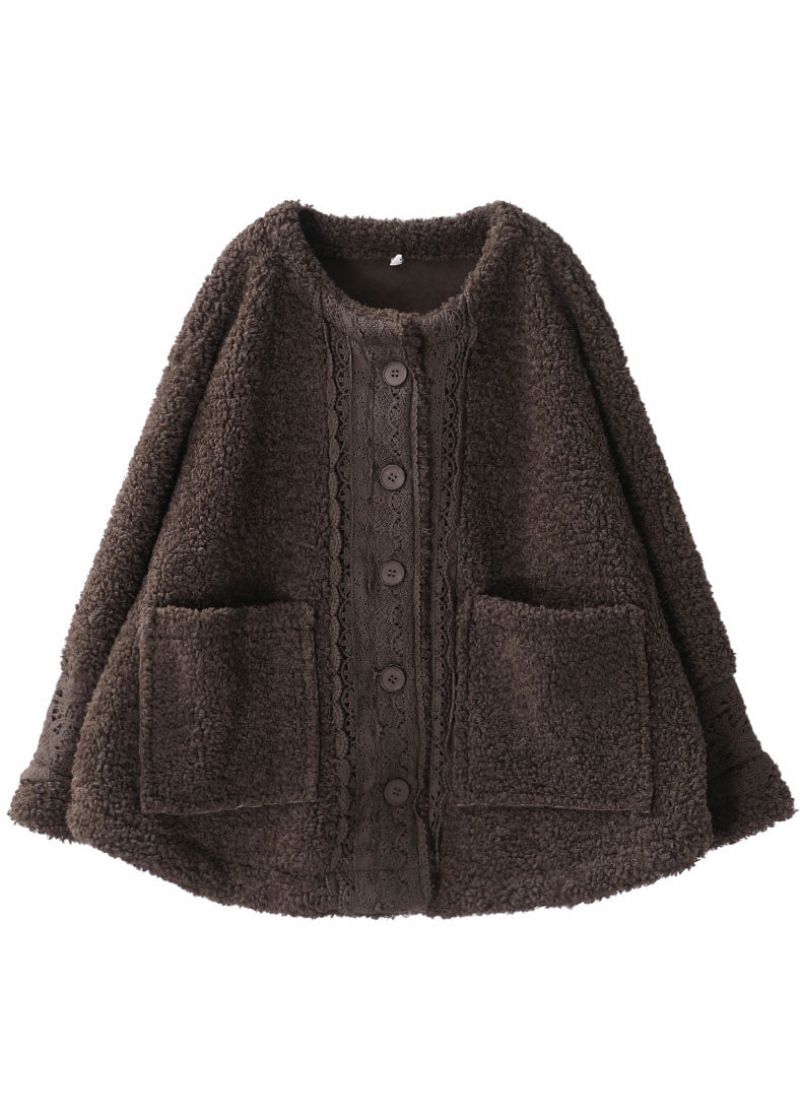 Grote Maten Chocolade O-hals Zakken Casual Herfst Winter Dikke Jassen Lange Mouw - Jeansblauw