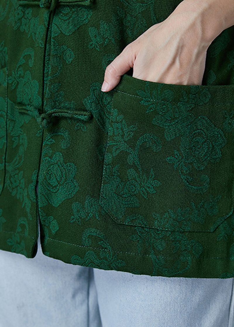 Grote Maten Groene Jacquard Katoenen Jassen Met Chinese Knopen Herfst - Dames winterjassen