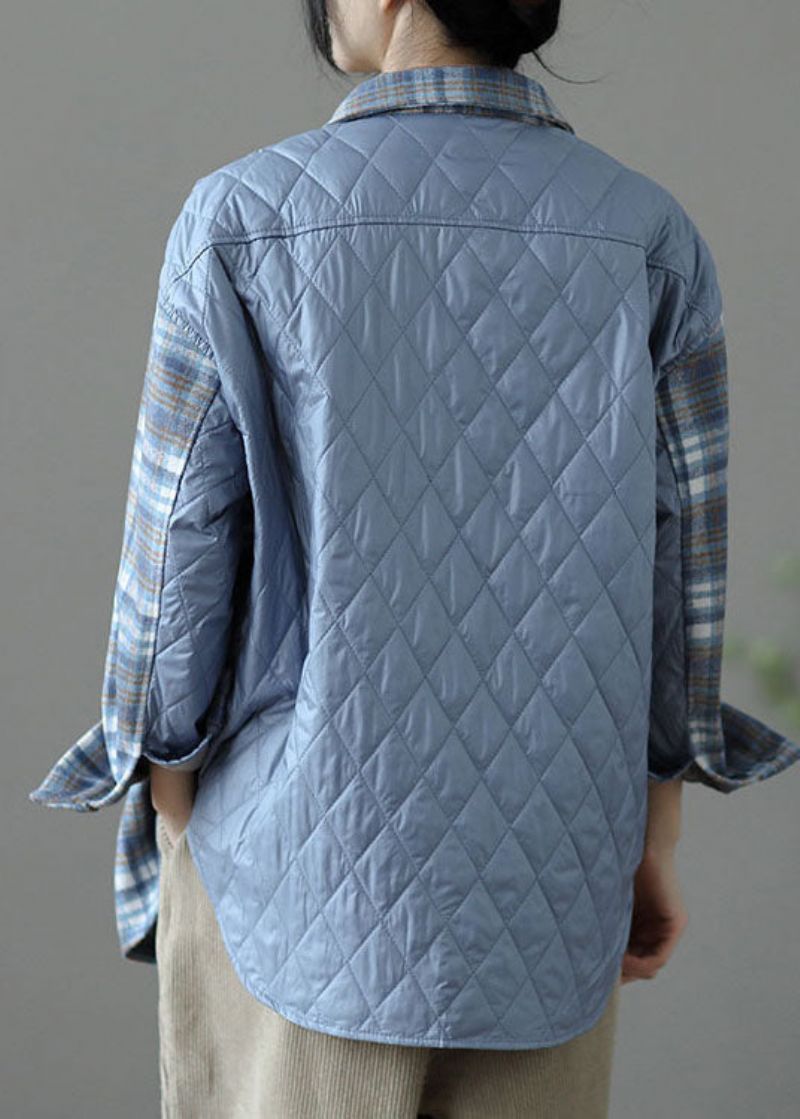 Handgemaakte Blauwe Geruite Patchwork Fijn Katoen Gevuld Wollen Shirt Tops Lente - Dames winterjassen