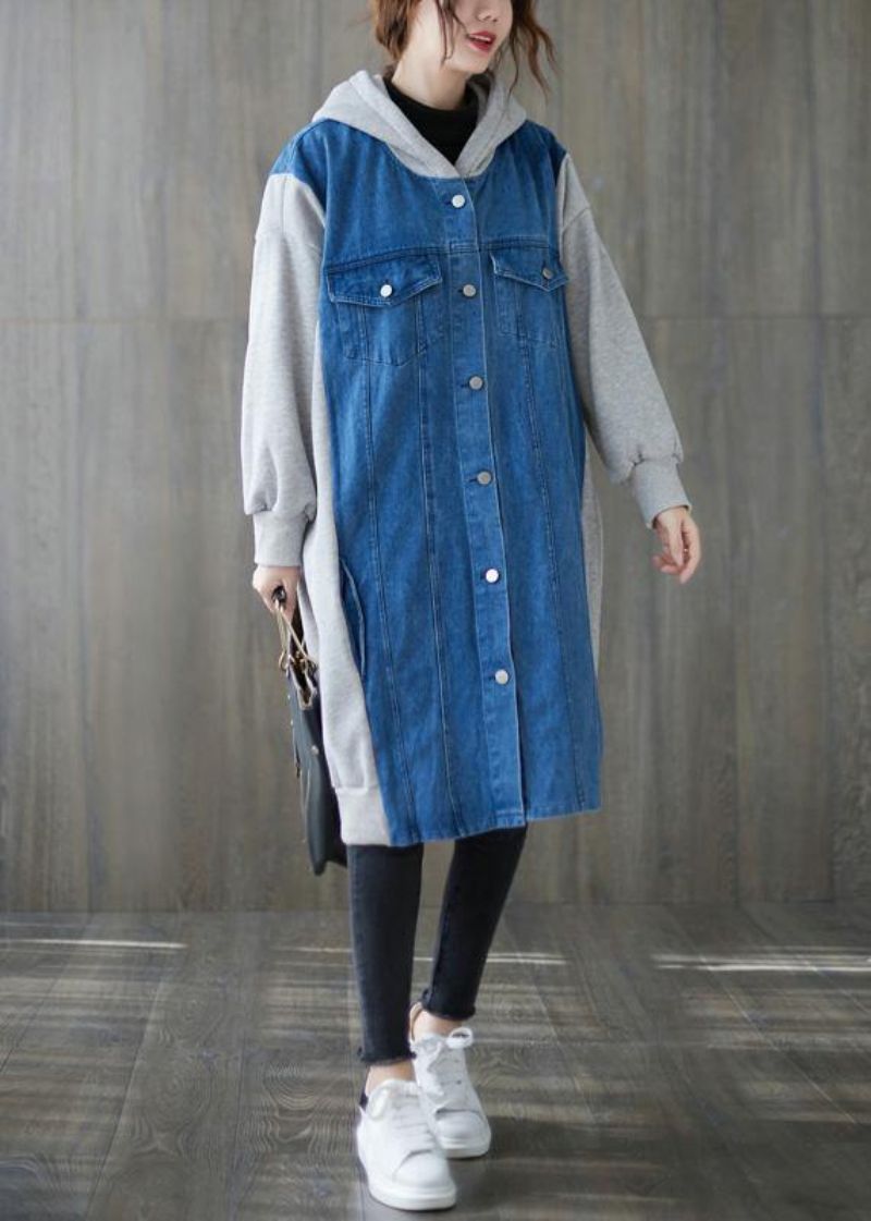 Handgemaakte Blauwe Tunieken Voor Dames Tops Met Patchwork-outwears Met Capuchon - Zwart