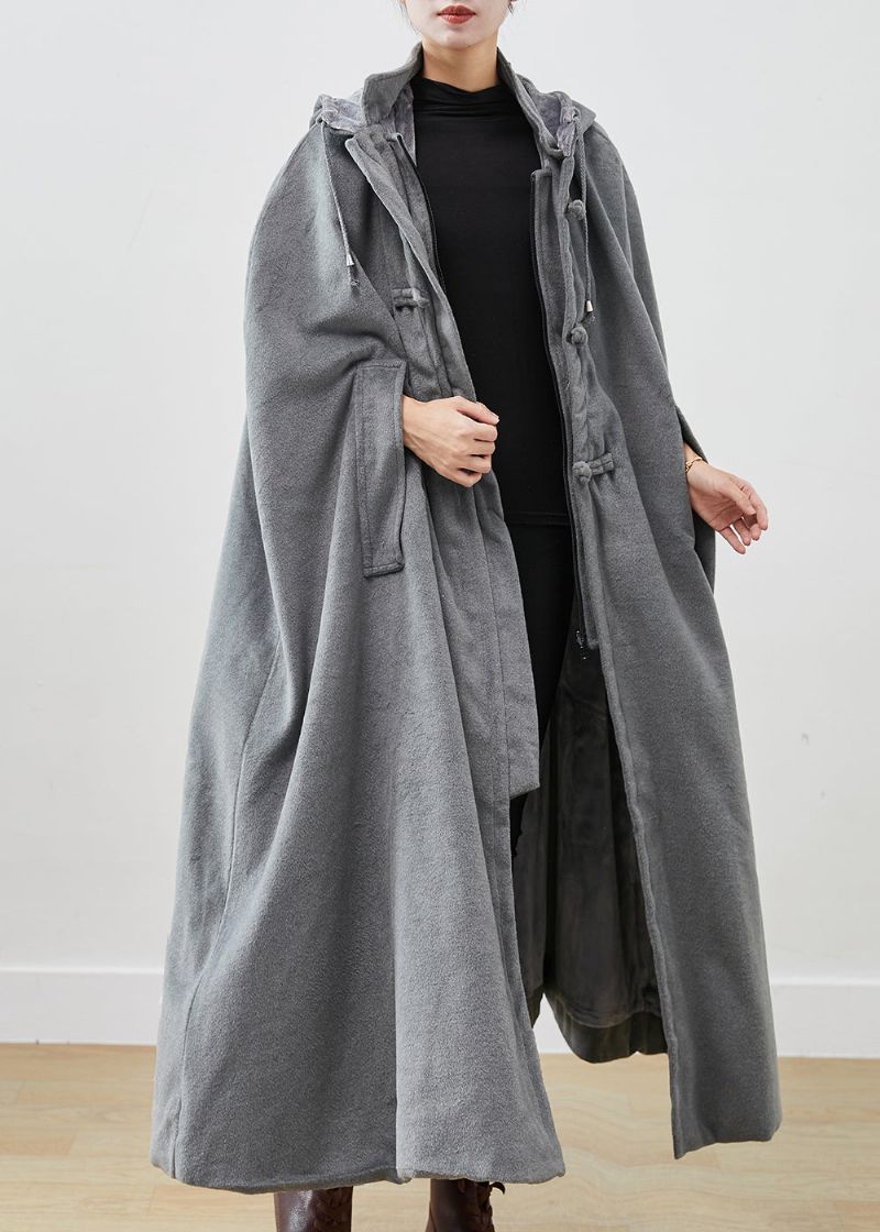 Handgemaakte Grijze Oversized Verleng Warme Fleece Jas Met Capuchon Mantelmouwen