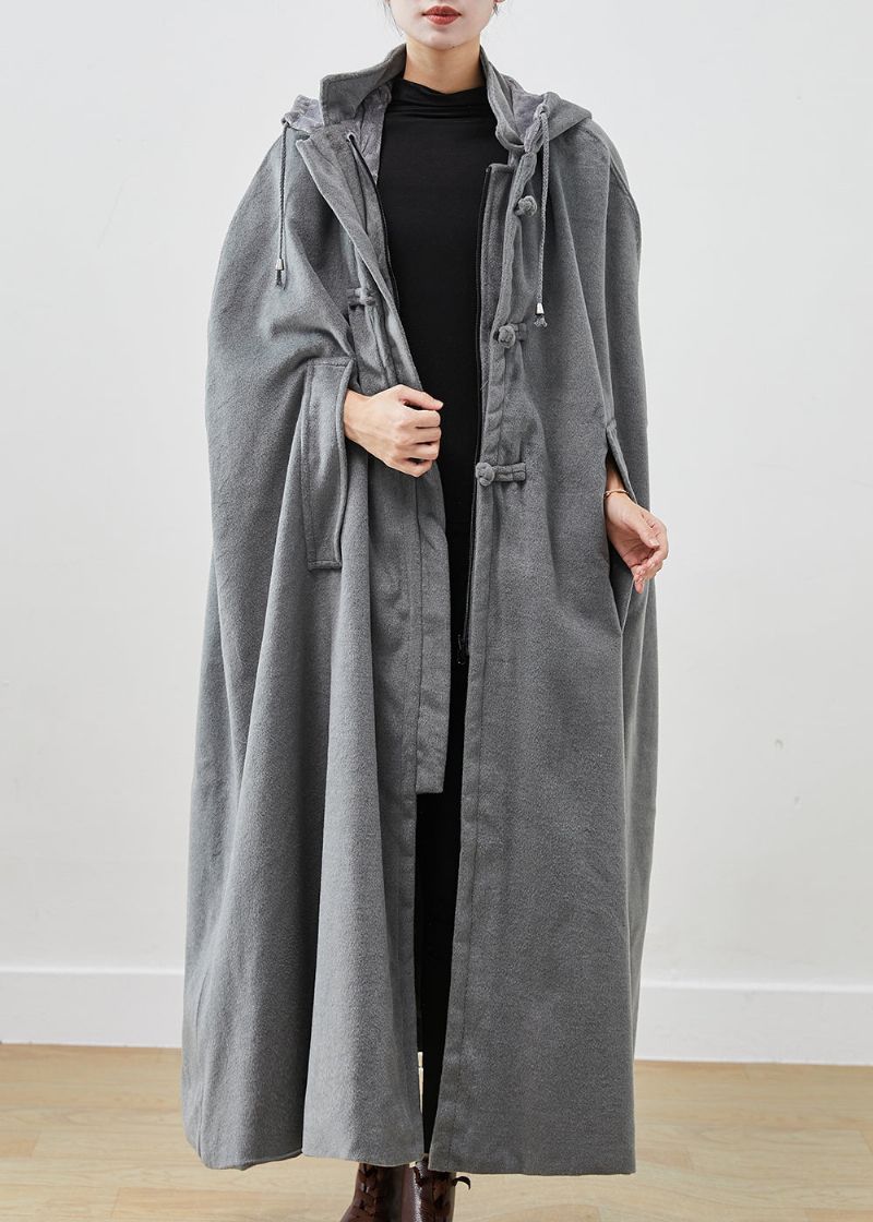 Handgemaakte Grijze Oversized Verleng Warme Fleece Jas Met Capuchon Mantelmouwen - Dames winterjassen