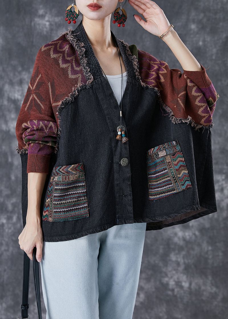 Handgemaakte Zwarte Oversized Patchwork Gebreide Spijkerjassen Herfst - Dames winterjassen