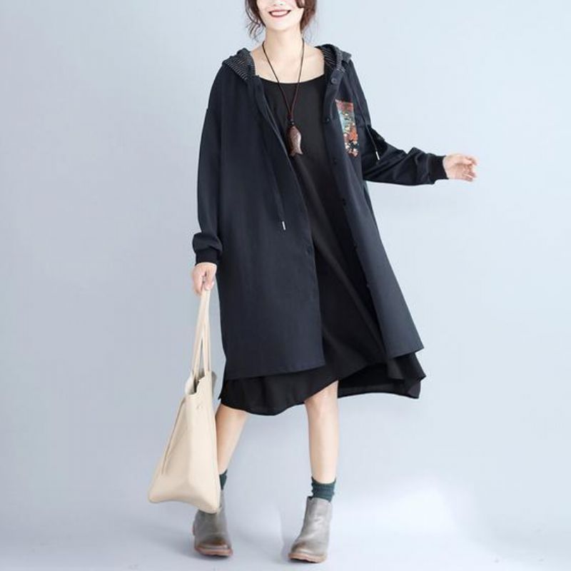 Herfst Damesprint Zwart Katoenen Vest Oversized Fashion Fit Trenchcoat Met Capuchon