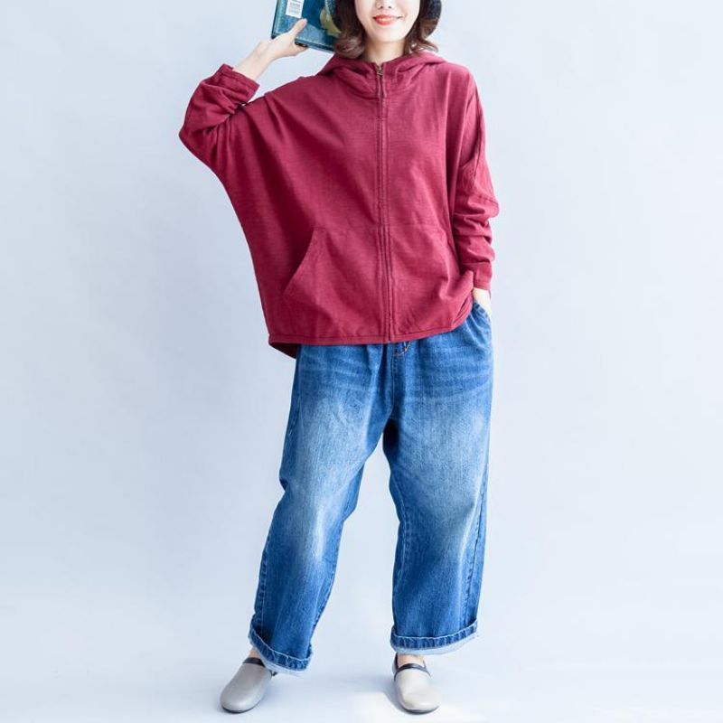 Herfstnieuw Rood Casual Katoenen Korte Uitloper Oversized Jack Met Ritssluiting En Op De Rug - Donkergrijs