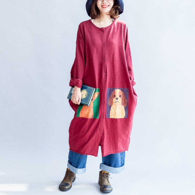 Herfstrode Casual Katoenen Jassen Oversized Vesten Met O-hals En Lange Mouwen