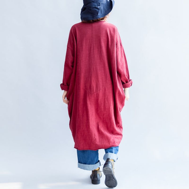 Herfstrode Casual Katoenen Jassen Oversized Vesten Met O-hals En Lange Mouwen - Gyay