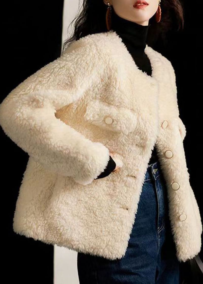 Italiaans Beige O-halszakken Knop Patchwork Wollen Jassen Winter - Dames winterjassen