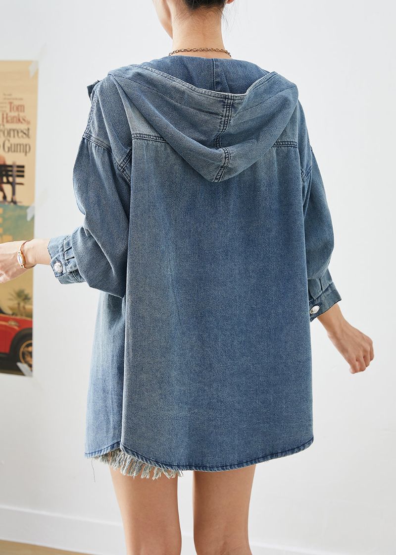 Italiaanse Blauwe Oversized Denimjassen Met Capuchon En Zakken Herfst - Dames winterjassen