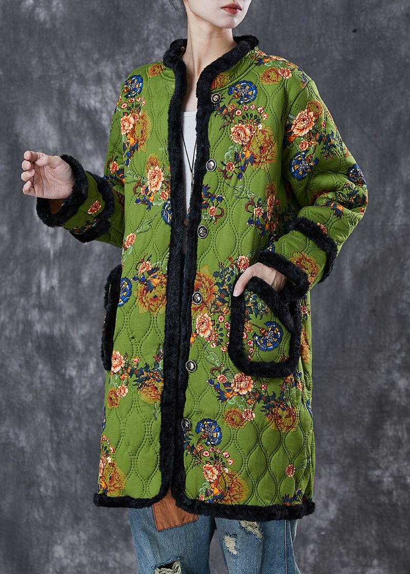 Italiaanse Groene Print Patchwork Warme Fleece Trenchcoat Winter