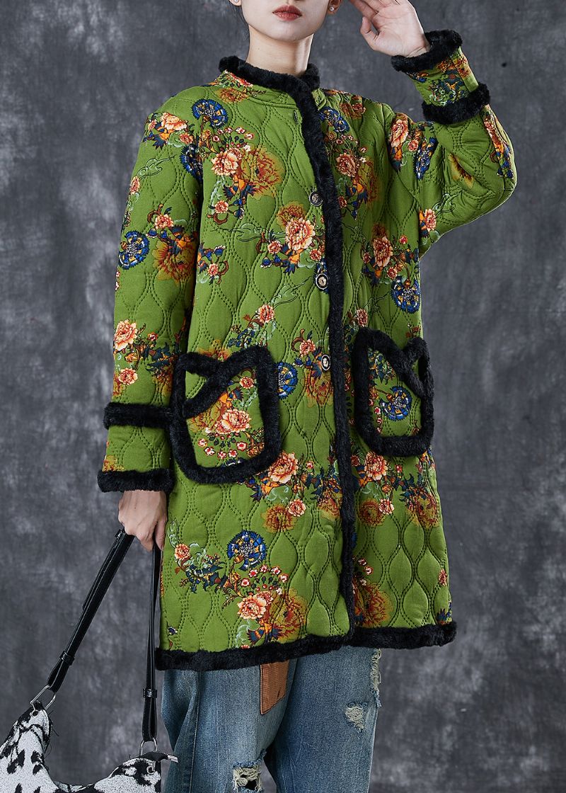 Italiaanse Groene Print Patchwork Warme Fleece Trenchcoat Winter - Dames winterjassen