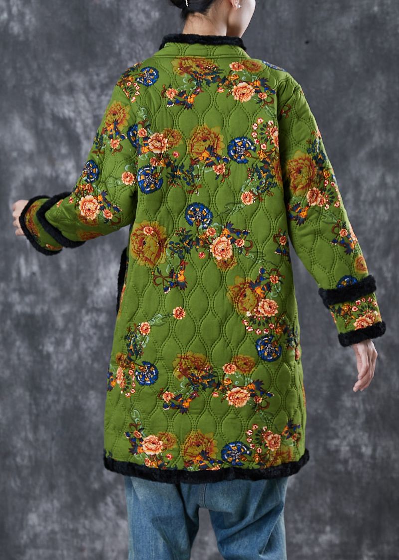 Italiaanse Groene Print Patchwork Warme Fleece Trenchcoat Winter - Dames winterjassen