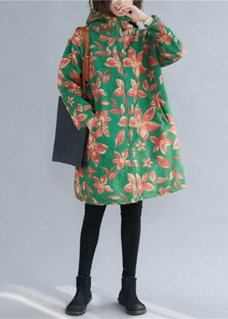 Italiaanse Groene Warme Fleece Hoodiejas Met Rits En Print Winter