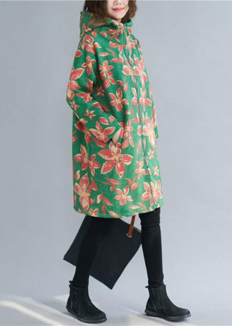 Italiaanse Groene Warme Fleece Hoodiejas Met Rits En Print Winter - Dames winterjassen