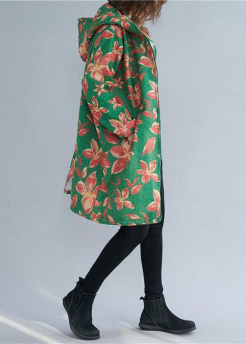 Italiaanse Groene Warme Fleece Hoodiejas Met Rits En Print Winter - Dames winterjassen