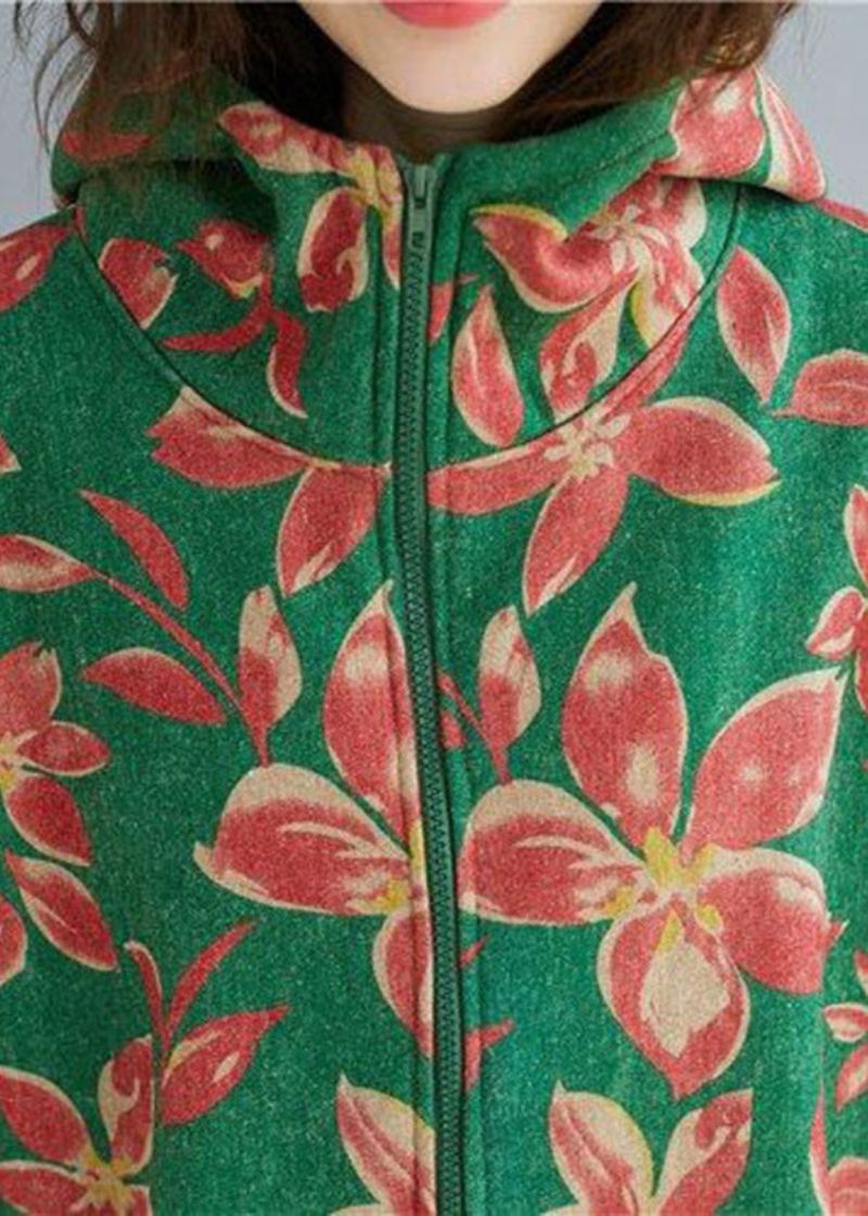 Italiaanse Groene Warme Fleece Hoodiejas Met Rits En Print Winter - Dames winterjassen