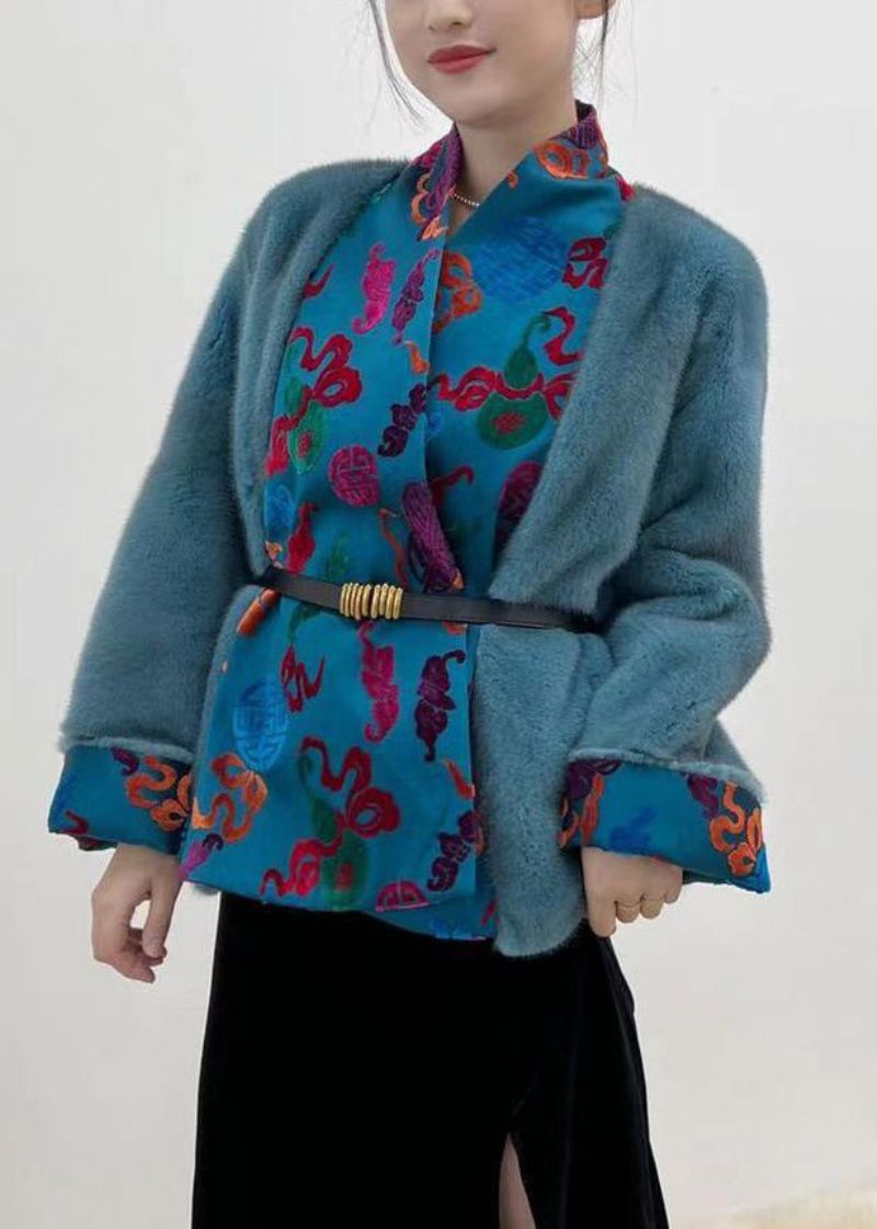 Jacquard Blauwe Zijde Patchwork Nertsenhaarjassen Met Lange Mouwen - Dames winterjassen