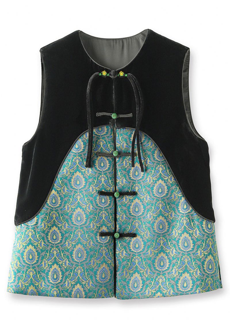 Jacquard Groen O-hals Knoop-patchwork Zijden Velours Vest Zonder Mouwen - Dames winterjassen