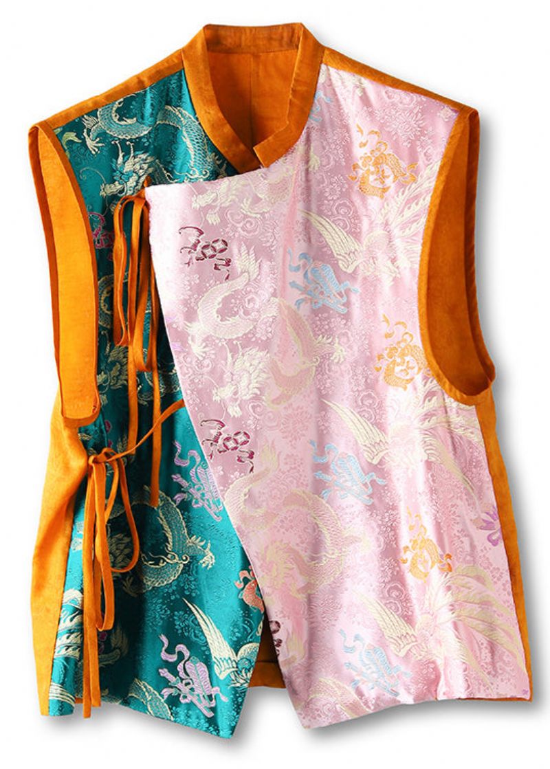 Jacquard Oranje Asymmetrisch Kanten Patchwork Zijden Vest Zonder Mouwen - Dames winterjassen