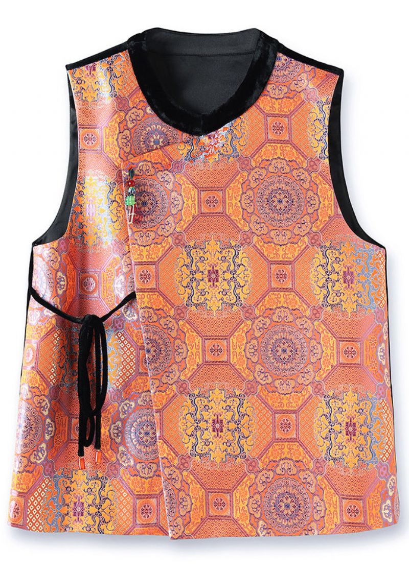 Jacquard Oranje O-hals Kanten Patchwork Zijden Vest Zonder Mouwen - Dames winterjassen