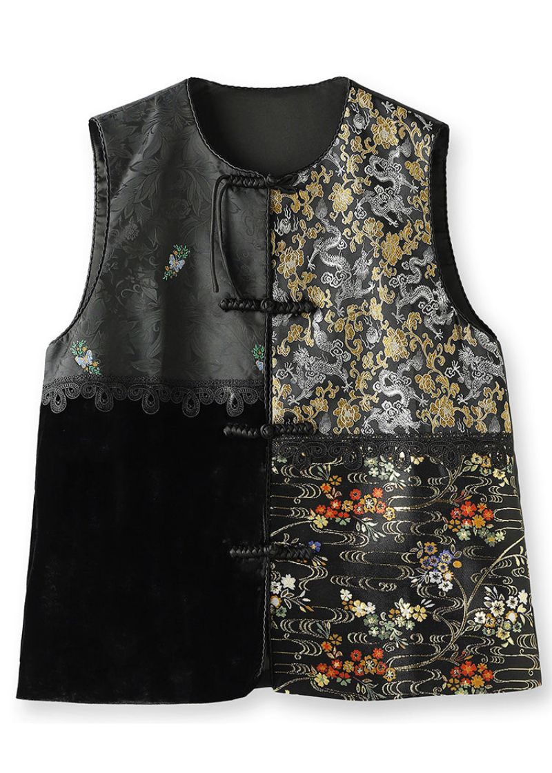 Jacquard Zwart Geborduurd Knoop-patchwork Zijden Velours Gilet Herfst - Dames winterjassen