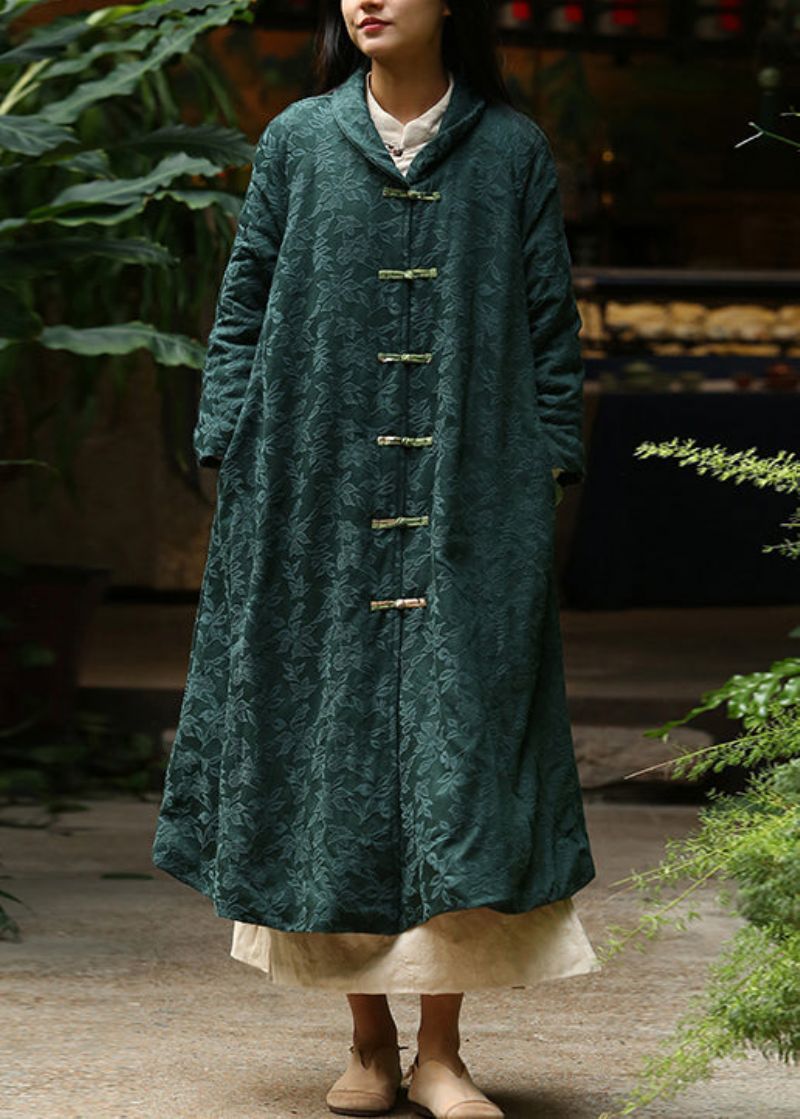 Jacquard Zwartachtig Groen Knoopzakken Warme Fleece Lange Jas Winter - Dames winterjassen