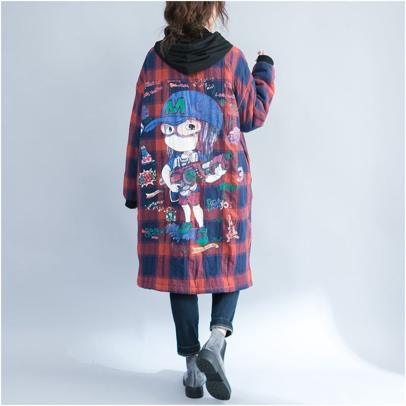 Katoenen Vesten Met Cartoonprints In De Winter Plus Size Casual Rode Raster Dikke Trenchcoats Met Capuchon - Rood Raster