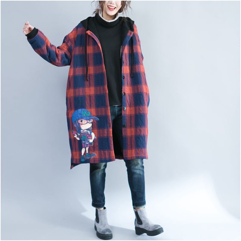 Katoenen Vesten Met Cartoonprints In De Winter Plus Size Casual Rode Raster Dikke Trenchcoats Met Capuchon - Rood Raster