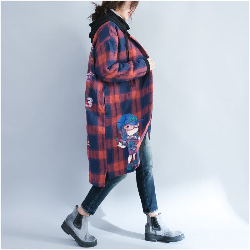 Katoenen Vesten Met Cartoonprints In De Winter Plus Size Casual Rode Raster Dikke Trenchcoats Met Capuchon - Rood Raster