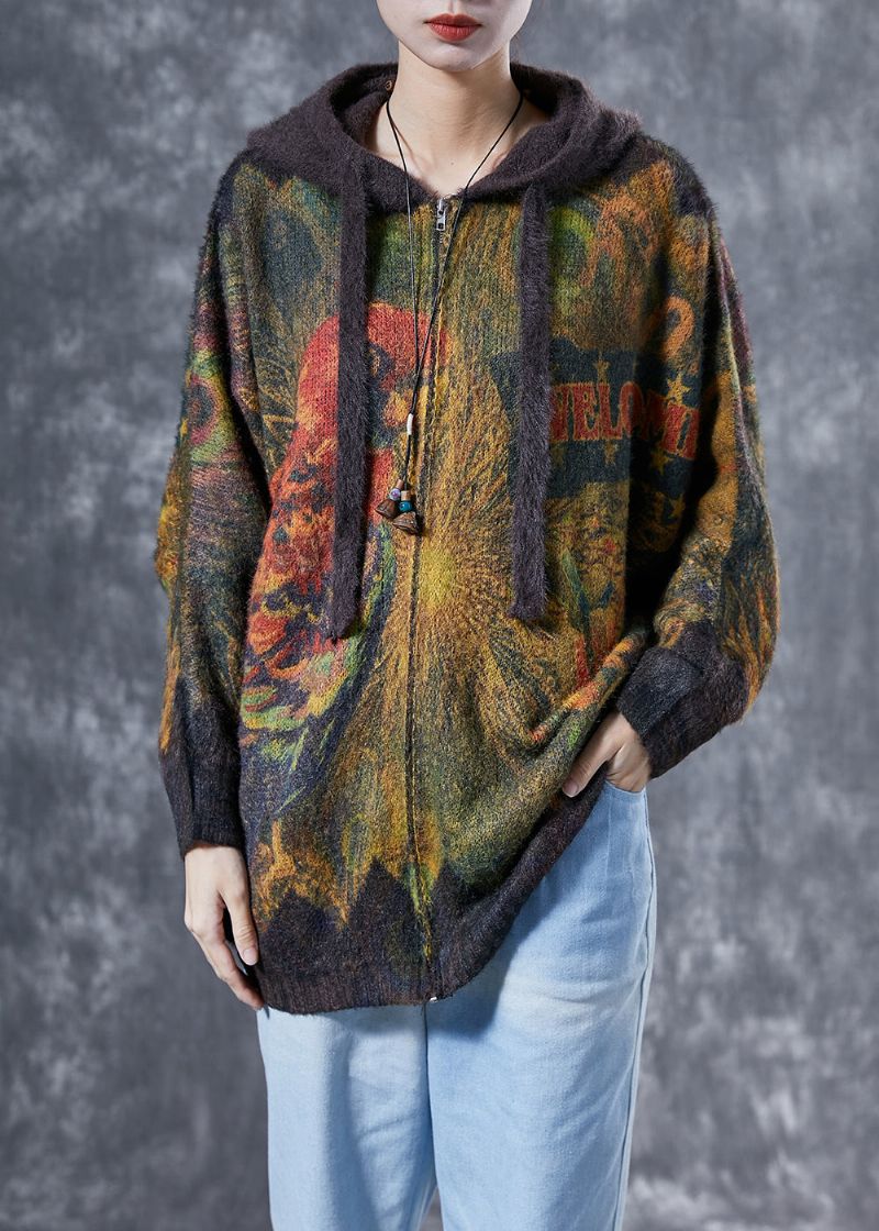 Koffie Oversized Konijnenhaar Gebreide Jas Met Capuchon En Print Winter