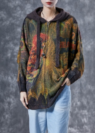 Koffie Oversized Konijnenhaar Gebreide Jas Met Capuchon En Print Winter