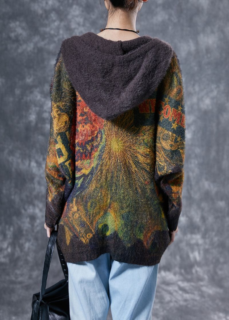 Koffie Oversized Konijnenhaar Gebreide Jas Met Capuchon En Print Winter - Dames winterjassen