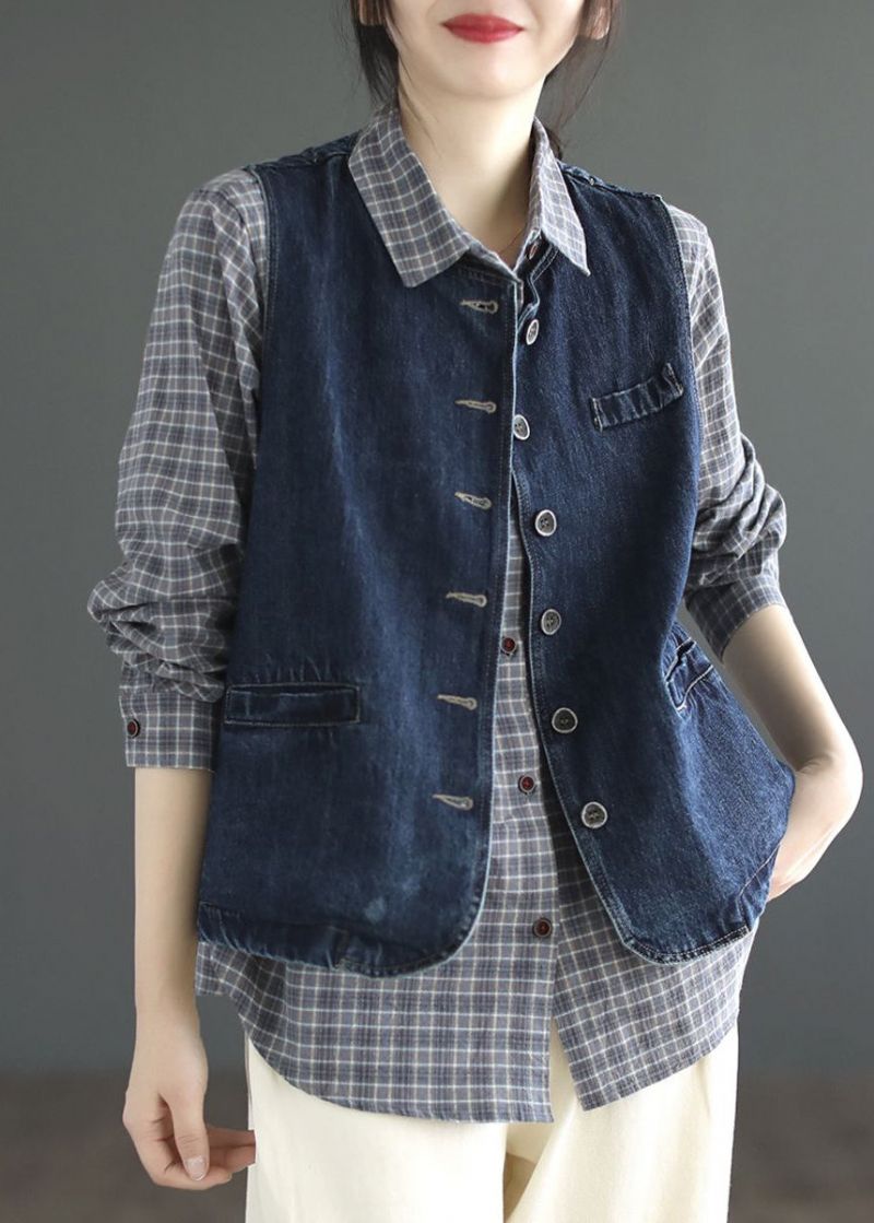 Kort Denin Blauw Zakken Patchwork Denim Vest Zonder Mouwen