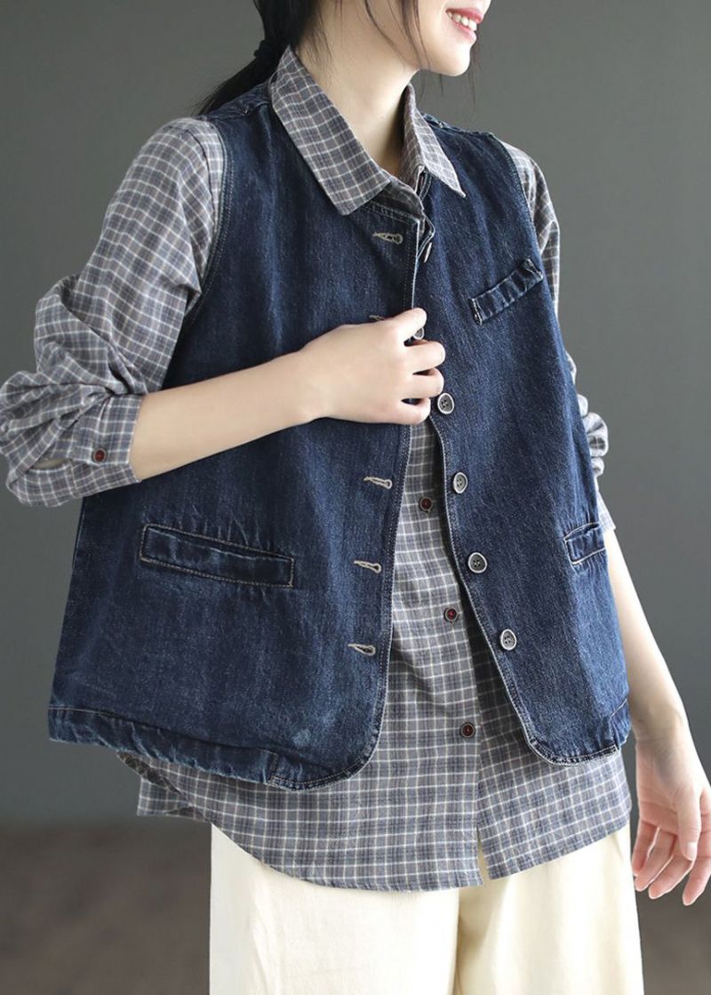 Kort Denin Blauw Zakken Patchwork Denim Vest Zonder Mouwen - Donkerblauw