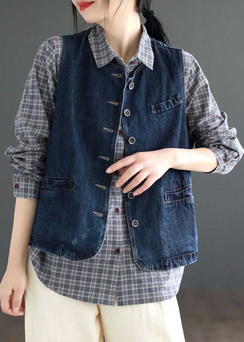 Kort Denin Blauw Zakken Patchwork Denim Vest Zonder Mouwen - Donkerblauw