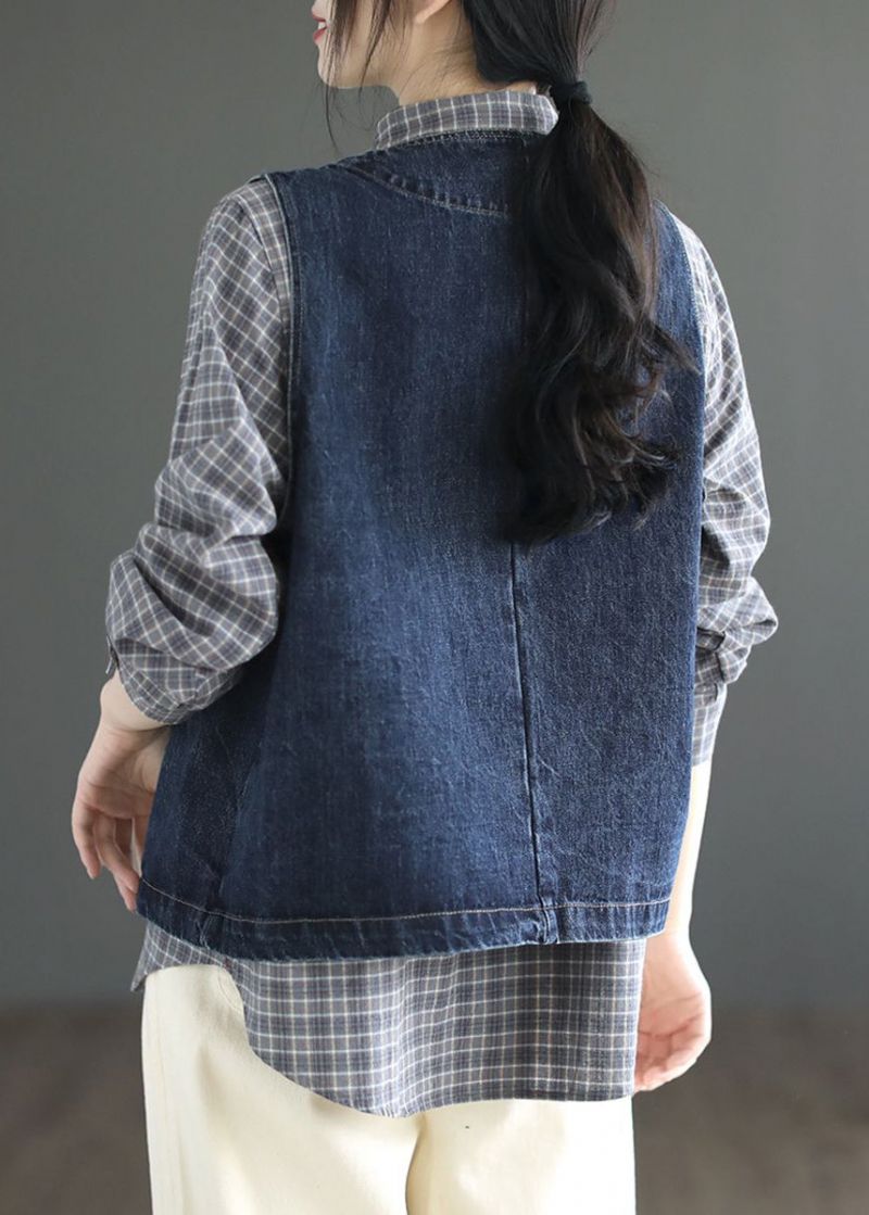 Kort Denin Blauw Zakken Patchwork Denim Vest Zonder Mouwen - Donkerblauw