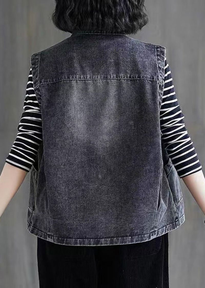 Kort Donkerblauw Denim Vest Met Patchwork En Knopen Op De Mouwen - Donkerblauw