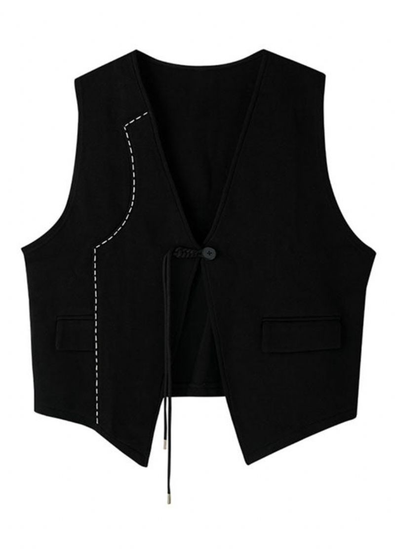 Kort Mouwloos Zwart Patchwork Knoopvest - Dames winterjassen