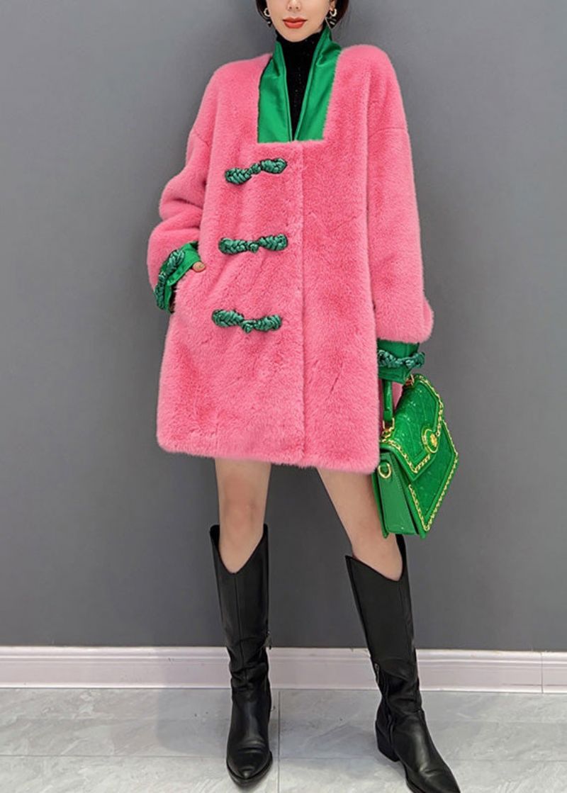 Leuke Roze V-hals Knop Warme Dikke Namaakbontjassen Winter - Dames winterjassen